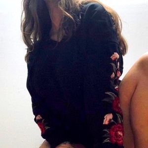 Black Embroidered Flowers Hoodie